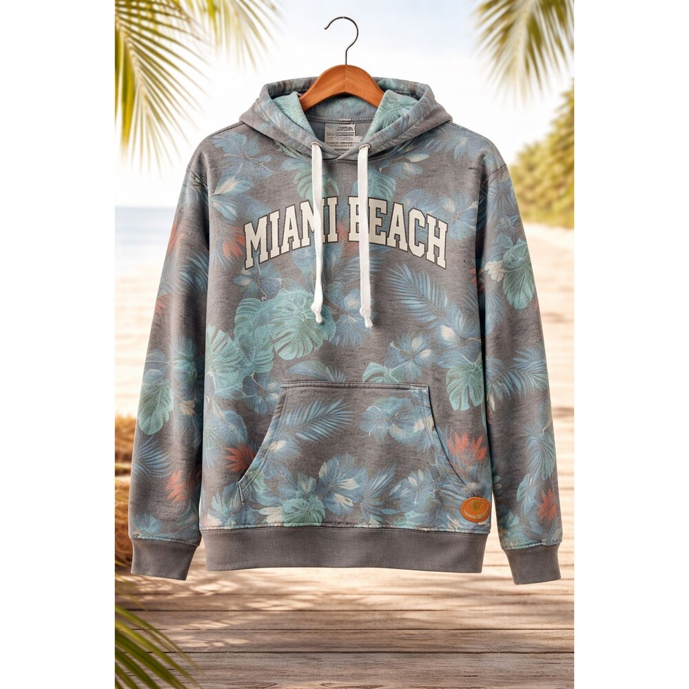 Miami Beach Hoodie L Hawaiian Floral Surf Skate Y2K Vintage Fade Unisex